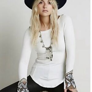 Free People Bali babe off-white Long Sleeve Top with Lace Cuffs